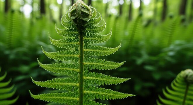 The Delicate Unfurling of a Young Fern Frond in a Lush Forest Setting