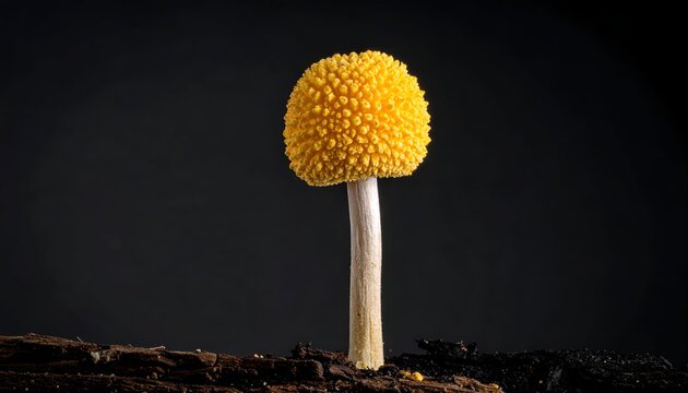 Bright yellow Leucocoprinus birnbaumii mushroom growing from decaying wood