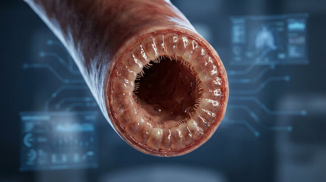 Human intestine cross section microscopic view clinical background digital data screens villi detail 3D render