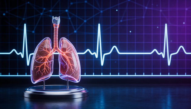 Human lungs anatomy model with heart rate monitor pulse line on blue digital background healthcare 3D render