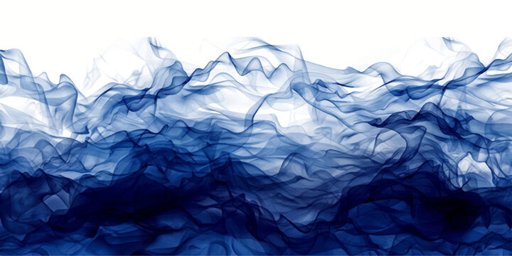 Abstract blue smoke patterns drift like frozen crystal textures over a cold white background creating a transparent ice-like liquid effect