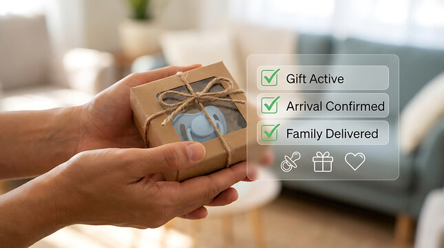 Hands holding gift box with checklist person giving present wrapped box with ribbon delivery confirmation gifting concept indoors
