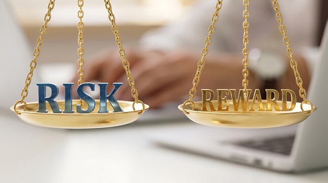 Golden balance scale weighing risk versus reward with metallic letters
