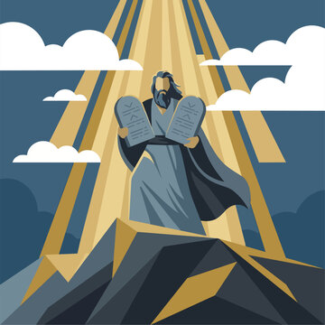 A striking flat vector illustration of Moses standing at the peak of a stylized Mount Sinai, holding two smooth, grey stone tablets with faint geometric engravings. 