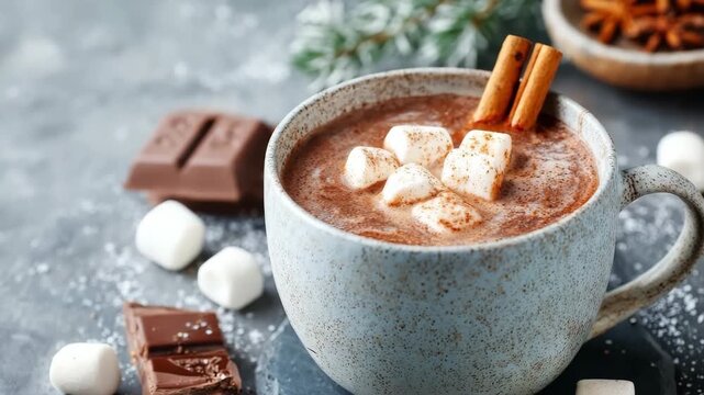 Hot chocolate with marshmallows and cinnamon sticks in ceramic cup on slate plate. Cup of rich hot chocolate with marshmallows and cinnamon stick. festive mug wintery background