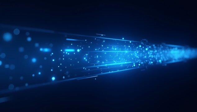 Abstract Digital Data Stream with Glowing Blue Particles.