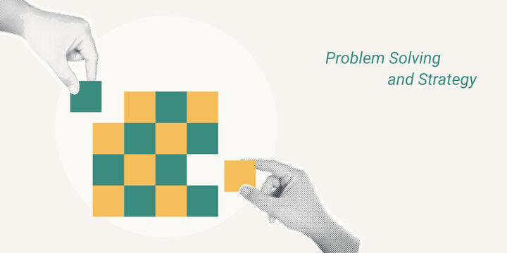 Trendy Halftone Collage of two halftone hands placing missing pieces into a checkered grid pattern, symbolizing problem solving and strategy, ideal for business and management content.