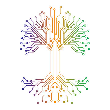 Digital tree illustration with colorful circuit board branches