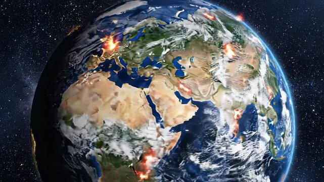 A dramatic depiction of our planet Earth experiencing widespread environmental destruction and intense fires spreading across multiple continents, set against the vastness of the cosmos during