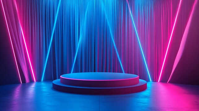 Neon lit stage podium with vertical light curtain backdrop for product display and presentation