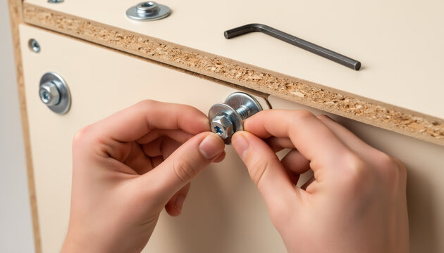 Detailed close up of hands using an allen key to assemble flat pack furniture by tightening metal bolt fasteners on a light wooden chipboard panel during home furniture installation
