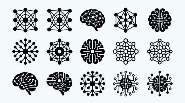 set of 12 black and white icons representing neural networks, brain circuitry, and connections, symbolizing artificial intelligence, technology, and innovation.