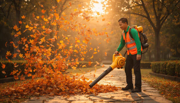 Professional gardener in orange safety vest using powerful backpack leaf blower to clear autumn fallen leaves from paved park path during beautiful golden hour sunlight in fall season