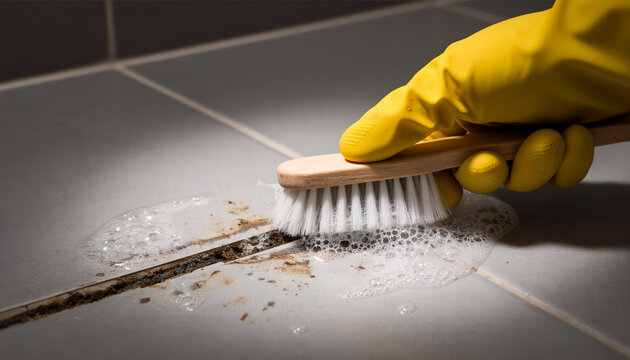 Extreme close up of hand in yellow protective rubber glove using stiff brush to scrub dirty tile grout with white soap foam in bathroom during deep home cleaning and restoration process