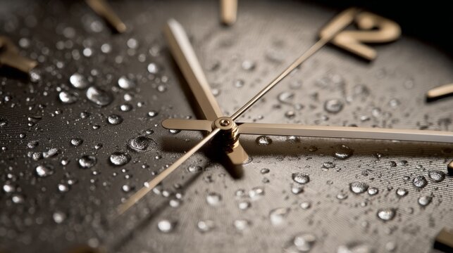 A macro shot of a luxury clock face with water droplets and metallic hands, showcasing intricate texture and reflective surfaces.