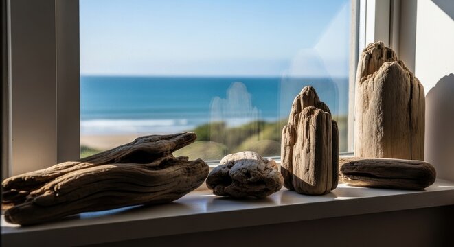 Sun bleached driftwood pieces displayed on a windowsill overlooking a serene ocean beach and blue sky