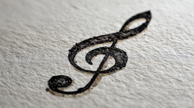 A close-up of a treble clef drawn in ink on textured paper, showcasing fine details and artistic craftsmanship.