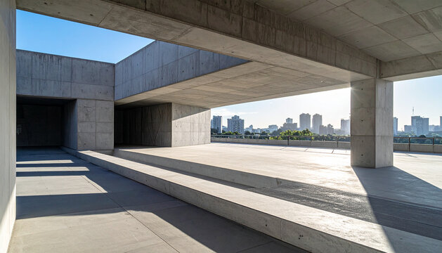 Modern brutalist concrete building architecture with sharp shadows