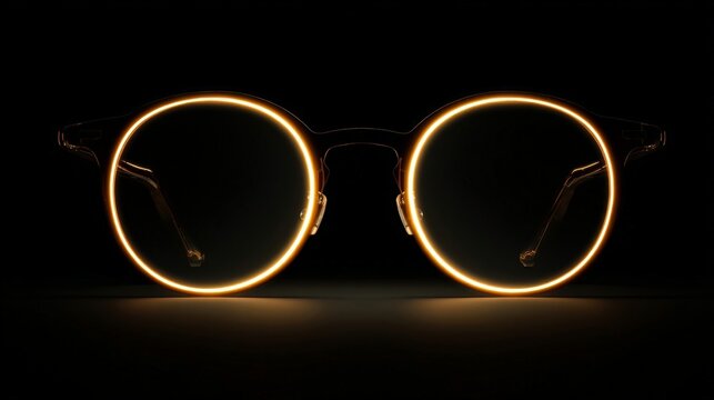 Silhouette of modern glasses with glowing golden rim light against a dark background, highlighting futuristic design.