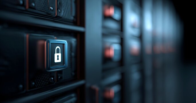 A close-up of a secure server lock, symbolizing data protection and cybersecurity in modern technology infrastructure.