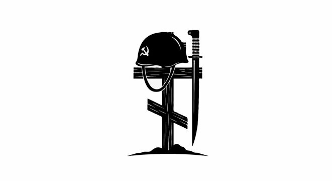 Black silhouette of an Orthodox wooden cross with a Soviet military helmet and a bayonet knife representing war memorial and fallen soldier grave, symbolic flat vector stencil silhouette graphic.