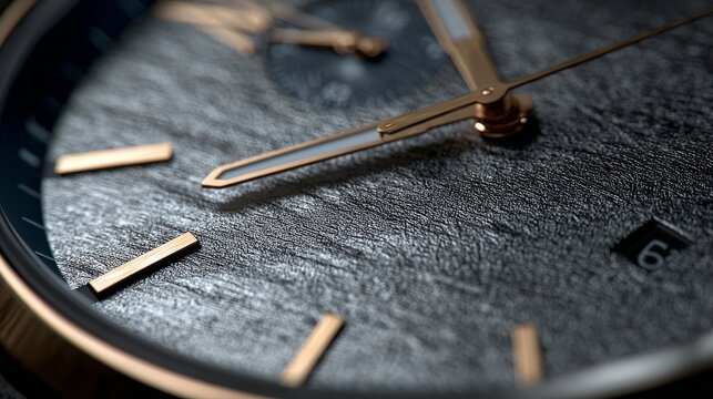 A macro view of a luxury watch face with golden hands and a textured dark dial, emphasizing premium craftsmanship and timekeeping elegance.