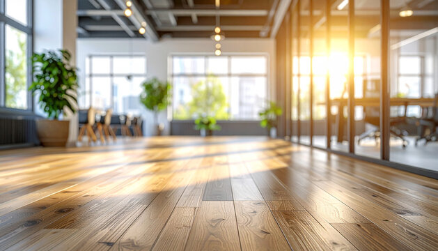 Empty modern open plan office interior with wooden floor at sunset