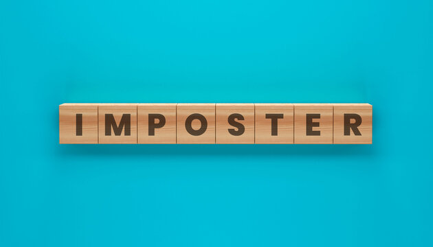 Imposter Psychology Term Shown with Wooden Letter Blocks on Minimal Background Self Doubt Confidence Challenges Personal Growth and Mindset Theme