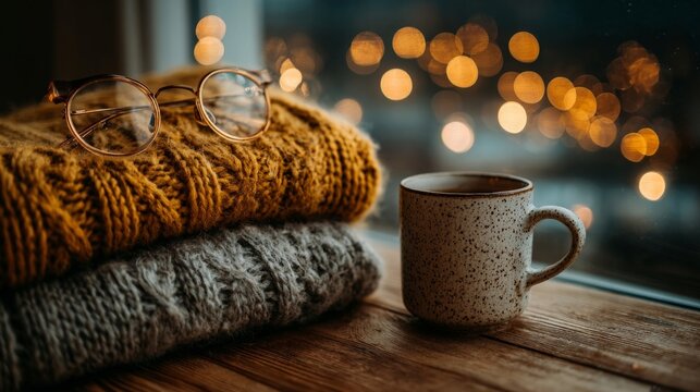 A cozy still life featuring glasses, a knitted sweater, and a mug of tea on a wooden surface with warm bokeh lights in the background.