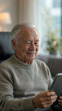 Happy senior man using digital tablet sitting on couch at home
