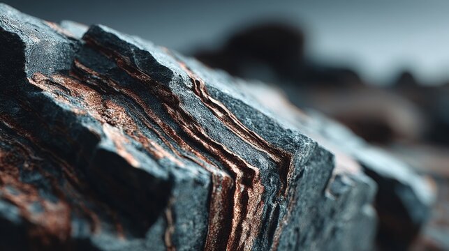 A macro view of rugged stone texture with striking contrast and rich copper veining, evoking a cinematic and dramatic atmosphere.