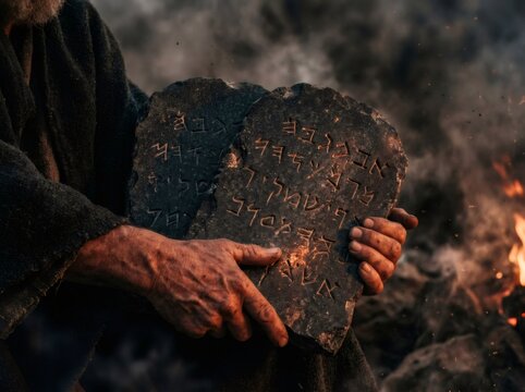 Moses holding tablets of ten commandments amidst smoke and fire