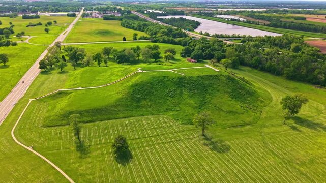 Scenic aerial view of Monks Mound rising above the historic landscape at Cahokia Mounds State Historic Site in Illinois