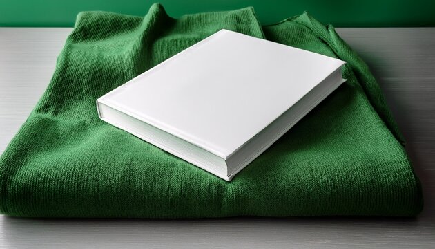 a closed softcover book that is fully white and blank lying on top of a stack of folded green wool fabric