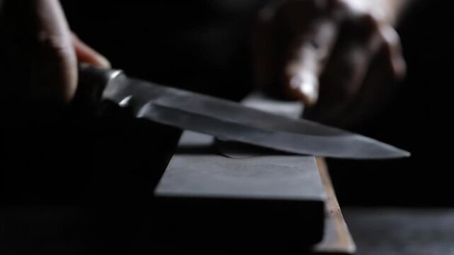 Sharp Knife Cutting Through Surface in Dark Environment.