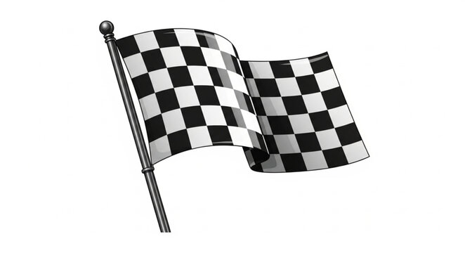 Waving checkered flag on pole isolated on white background.