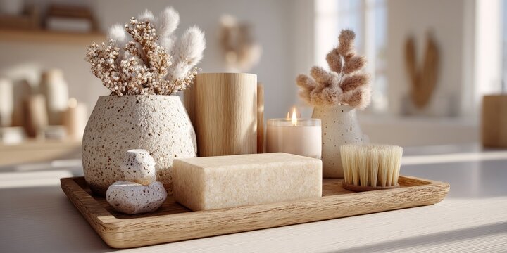 A serene and minimalist still life arrangement of natural objects on a wooden tray, bathed in soft natural light with a warm, calming atmosphere.