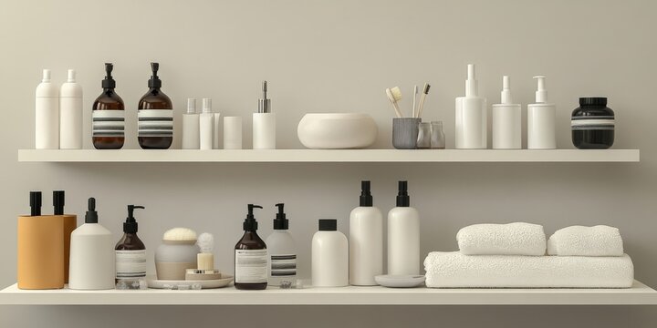 A clean and minimalistic bathroom shelf display with neatly arranged toiletries, soft lighting, and a calming neutral color palette.