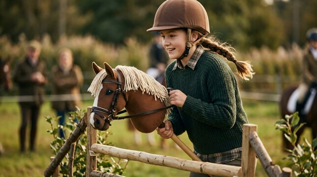 Girl riding hobby horse during equestrian competition. Child participating in stick horse hobby tournament. Outdoor activity and sports game concept for active childhood lifestyle.