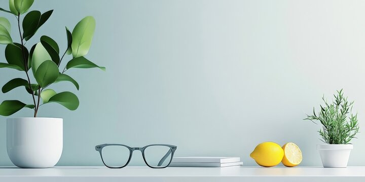 A serene minimalist workspace with a potted plant, glasses, books, and a lemon, bathed in soft natural light for a calm and inviting atmosphere.
