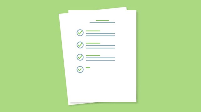 Animated checklist documents with green check marks appearing on paper over green screen background for business task completion to do list survey questionnaire success verification motion graphic loo