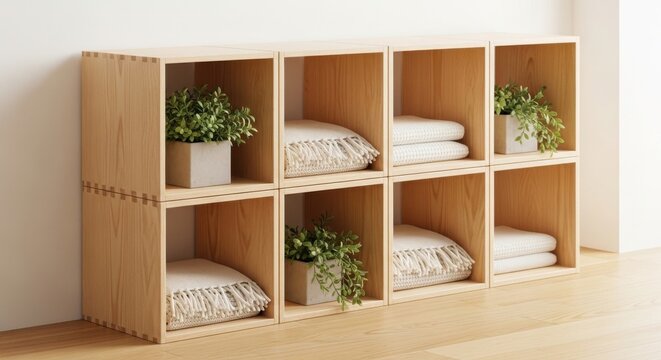 Neatly stacked minimalist wooden storage cubes with decorative items for modern home organization