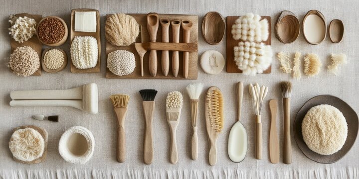A minimalist flat lay of natural wooden and organic tools arranged neatly on a textured linen surface, evoking calm and creative order.