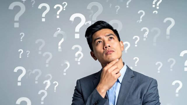 A thoughtful businessman ponders many questions in a professional setting