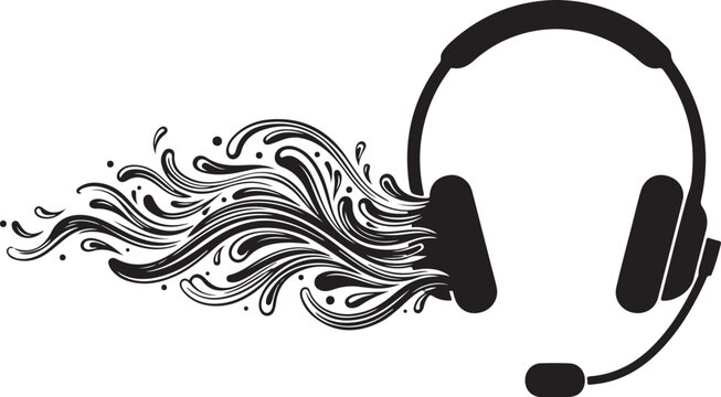 Headset, Sound Waves, Audio Illustration, Black and White Vector