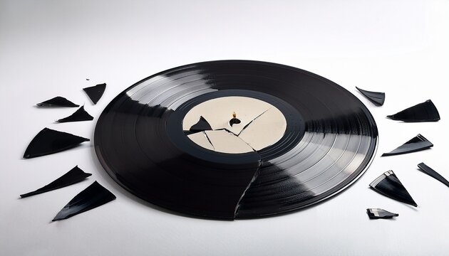 vinyl record broken into pieces on white background black vinyl record broken as if thrown on the floor after being discarded