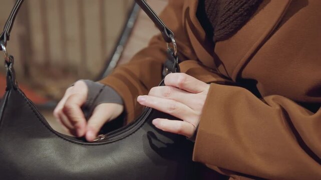 Caucasian woman pulling small balm from handbag on wooden bench, closeup fingers opening zipper of black leather purse, night glow, quick makeup touchup and hygiene routine before leaving