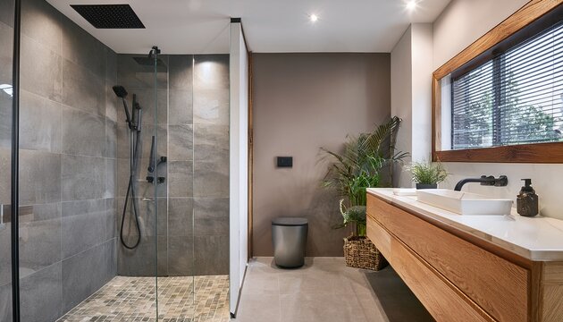 modern bathroom with a walk in shower and wooden vanity