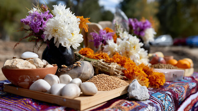 Pachamama Raymi festival offerings arranged on colorful textiles outdoors