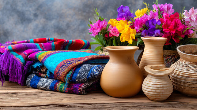 Vibrant Pachamama Raymi celebration with colorful textiles and pottery on display